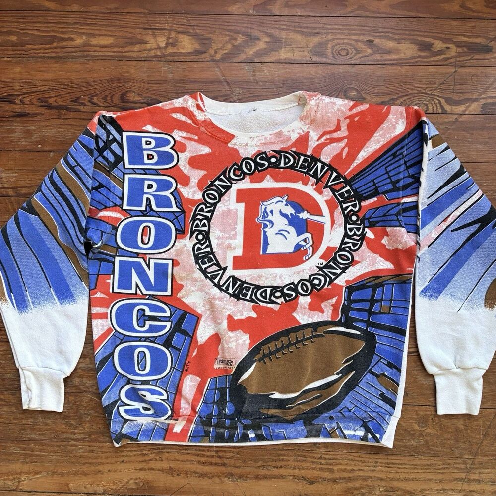 Vintage Denver Broncos Sweatshirt Mens Large Blue Magic Johnson T AOP NFL Soft